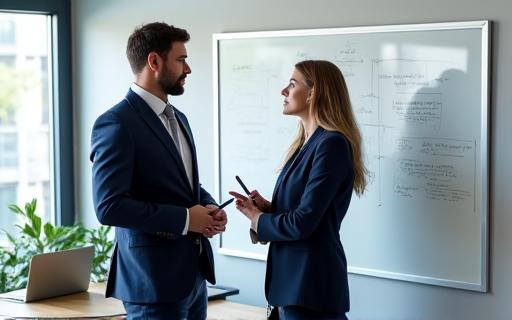 Zwei Personen diskutieren an einem Whiteboard