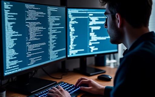Ein Programmierer schreibt Code an einem Monitor mit mehreren Fenstern